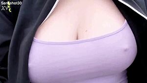 rocio takes a morning walk, provocatively showing off her big tits outdoors 🌞👀