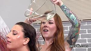Cute lesbian teens get sprayed with piss and squirt wet pussies