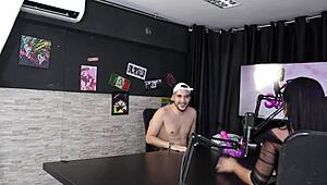 Gostosa safada strips naked after the game, revealing her delicious shaved pussy in sheer red lingerie.