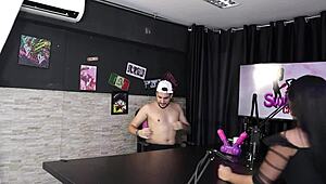 Gostosa safada strips naked after the game, revealing her delicious shaved pussy in sheer red lingerie.