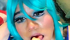 Naughty transsexual bunny with big tits and ass rides cock in cowgirl position.