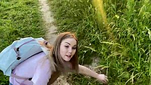 Naughty chick fucks outside in the forest on the meadow and in public places.