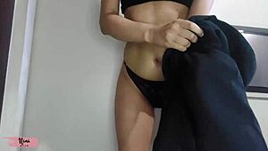 nini tries on tight leggings, showing off her petite big ass