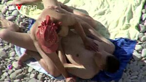 curvy milf flashing on the beach, getting head and fucked from behind in public view