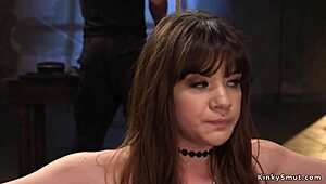 Slave squats on vibrator, moaning in pain