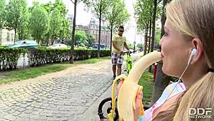 Tourist chick gets picked up and fucked deep after eating a banana