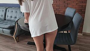 milf in t-shirt no panties gets unexpected sex