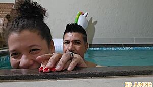 Nymphomaniac actress fucks actor in pool during recording break intensely