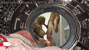 Chubby blonde enjoys young guy in laundry