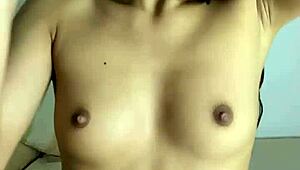 Horny little 18+ stepsister plays with big black dildo in solo masturbation session?