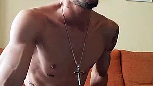 Tattooed Spanish Guy Cums Watching Porn