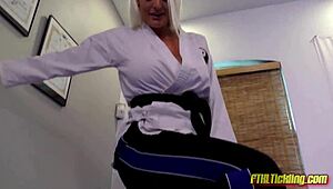 Master dominates lesbian foot licking worship