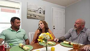 Stepmom subtly seduces big cock stepson as stepdad talks on phone