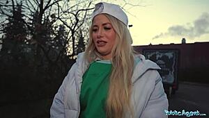 Experience the thrill as the 18 year old blonde waitress rides and gets bent over in public parody passion