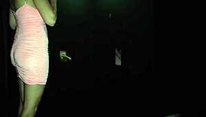 brunette gets on her knees to suck many dicks at the gloryhole 😏