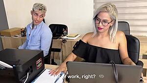 Hot Secretary Screams While Fucking Co-Worker On Desk And Cums On Glasses!