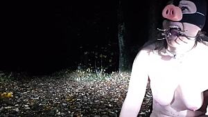 Slave Trained Like A Pig In Forest, Then Indoors With Spanking And Bondage!