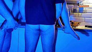 Wife Sucks Two Cocks In Neon Light Threesome