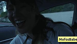 sexy asian hottie plays with natural big boobs in car