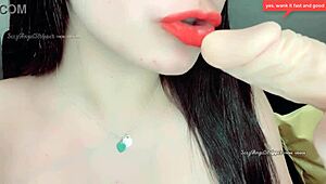 Hot latina brunette giving jerk off instructions while fisting her ass and sucking dildo until it cums in her mouth