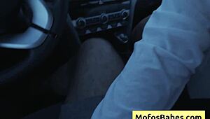 sexy asian hottie plays with natural big boobs in car