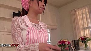 mature JAPANESE woman plays with SHAVED PUSSY then gives BLOWJOB for CREAMPIE