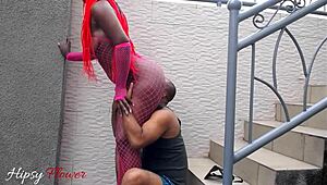 Intense ass licking escalates to passionate dick riding on outdoor stairs