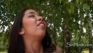 Incredibly Sexy Mixed Asian Babe Lia Lin Models Outdoors With Long Legs