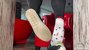 Goddess Plays with Feet in Socks and Barefoot Under Table