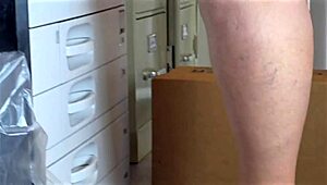 Big ass busty MILF with natural boobs in mini dress no panties flashes pussy in office close-up