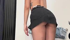 Barely legal sweetierjasmin performs seductive striptease in store cabin. Shopping turns wild