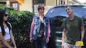 a short haired lesbian bimbo drilled a super sexy lesbian slut with a sex toy