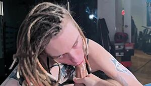 Young teen travels in coat to suck big cock then gets rough fucked on bed