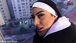 Naughty Brazilian Nun with Big Ass and Tattoos Teases with Tongue