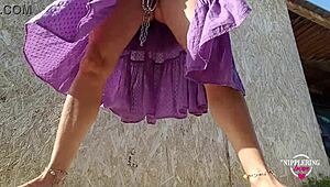 i love this kinky milf mommy playing with her pierced pussy and nipples outdoors