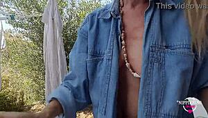 i love this kinky milf mommy playing with her pierced pussy and nipples outdoors