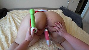 Girlfriend uses sex toys to fuck lesbian in hairy pussy bbw doggystyle pov