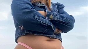 Exhibitionist Woman Leaves Man Hard On Beach, Grabs And Feels His Size While Flashing