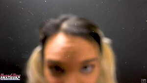 Petite Brunette Coed Sabrina Rubs Her Tits While Sucking Hard Cock In POV Session