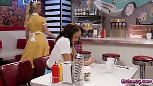 waitress serene siren wanting to go further with customer alexis tae and starts kissing her while dancing