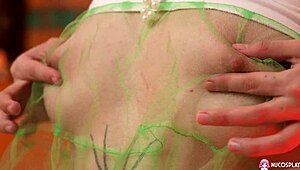 Blonde teen with shaved pussy teases herself on the armchair, purple toy bringing wet orgasm.