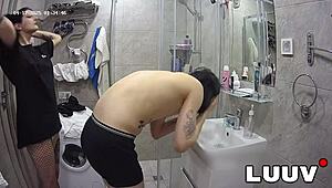 tattooed alice joins boyfriend in shower with webcam on, teasing private moments