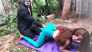 Redhead stepdaughter's tight pussy teased with toys outdoors