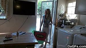 Hey, check out this hottie teen getting fucked in the kitchen after shopping - so hot!