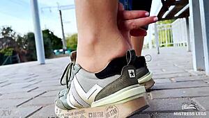 Teasing nylon soles on bench!