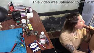 Latina slut deepthroats technician's cock to pay the bill