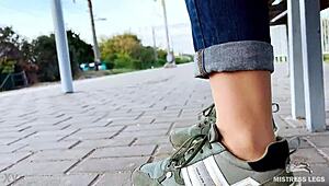 Teasing nylon soles on bench!