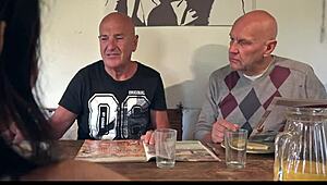 Cute teen flirts before getting fucked by stepdad and his friend in threesome