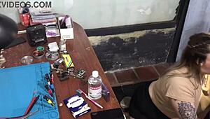 Latina slut deepthroats technician's cock to pay the bill