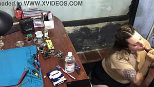 Latina slut deepthroats technician's cock to pay the bill